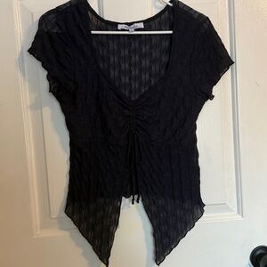 Velvet Moon Sheer Short Sleeve Open Bottom Blouse Top V Neck Blue Size Medium